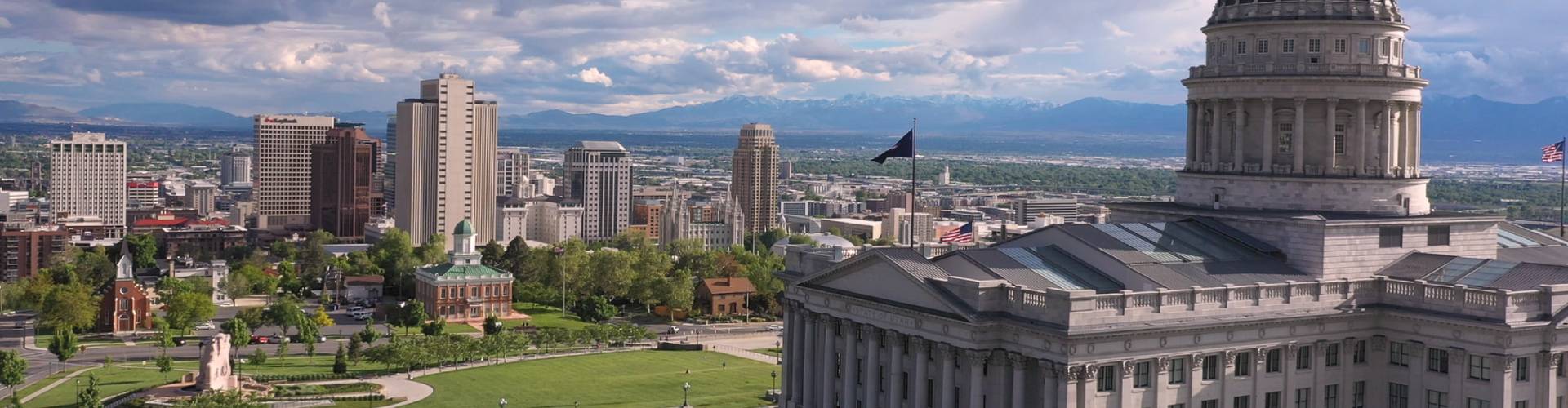 Salt Lake City skyline with Utah State Capitol and Wasatch Mountains